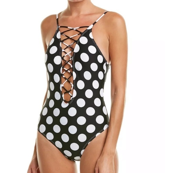 LA Blanca Lace Up Polka Dot One Piece Swimsuit - Picture 1 of 4